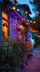 Fototapeta premium Enchanting Christmas lights adorning the facade of colorful shops and buildings on a cozy city street creating a magical and vibrant nighttime atmosphere during the festive winter season