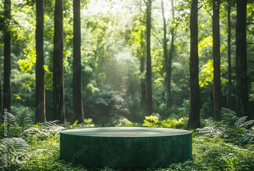 Poster a serene forest scene featuring a circular stone platform, surrounded by lush greenery and illuminat