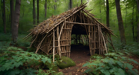 A primitive shelter built from branches, leaves, and animal skins, nestled in a secluded forest clearing. It appears sturdy and functional, suggesting early human settlement.