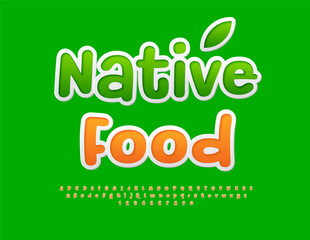Naklejka premium Vector advertising concept Native Cuisine. Creative Orange Font. Sticker style Alphabet Letters and Numbers set.
