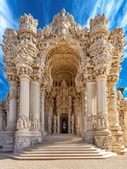Obraz premium Ornate architectural structure with intricate carvings and columns under a blue sky.