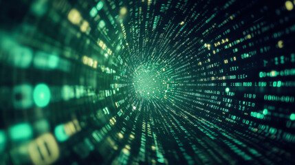 Abstract digital background depicting glowing binary code in green hues representing technology and data processing