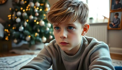 Lonely sad teenager boy sitting alone at christmas time, isolation solitude depression and...