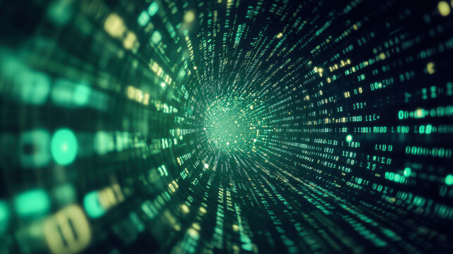 Abstract digital background depicting glowing binary code in green hues representing technology and data processing