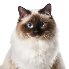 Fototapeta premium Cat - Looking Curiously, Funny, Scared - Sitting or Standing on White Background / Transparent - White with Brown Cat and Blue Eyes - Beautiful and Cute Cat Breed - Siamese, Birman, Ragdoll, Balinese