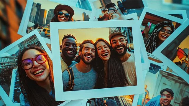 A collage of polaroid snapshots capturing spontaneous moments of joy shared among friends. Concept of nostalgia and reminiscence