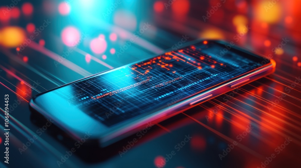 Poster a smartphone displaying vibrant digital data against a colorful background.