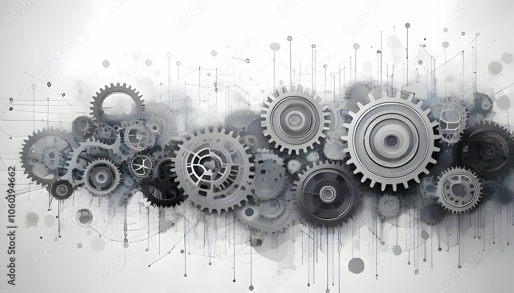 Poster abstract background with gears and technology elements in gray color on white background,