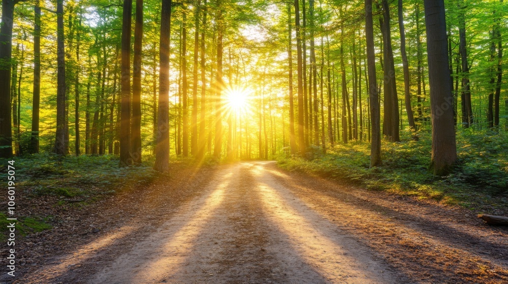Poster sunlit forest path with warm golden rays