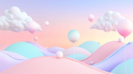 Pastel Dreamscape with Balloons and Clouds