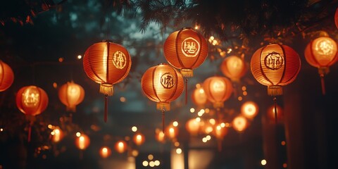 Traditional Red Chinese Lanterns for Lunar New Year Celebrations at Night
