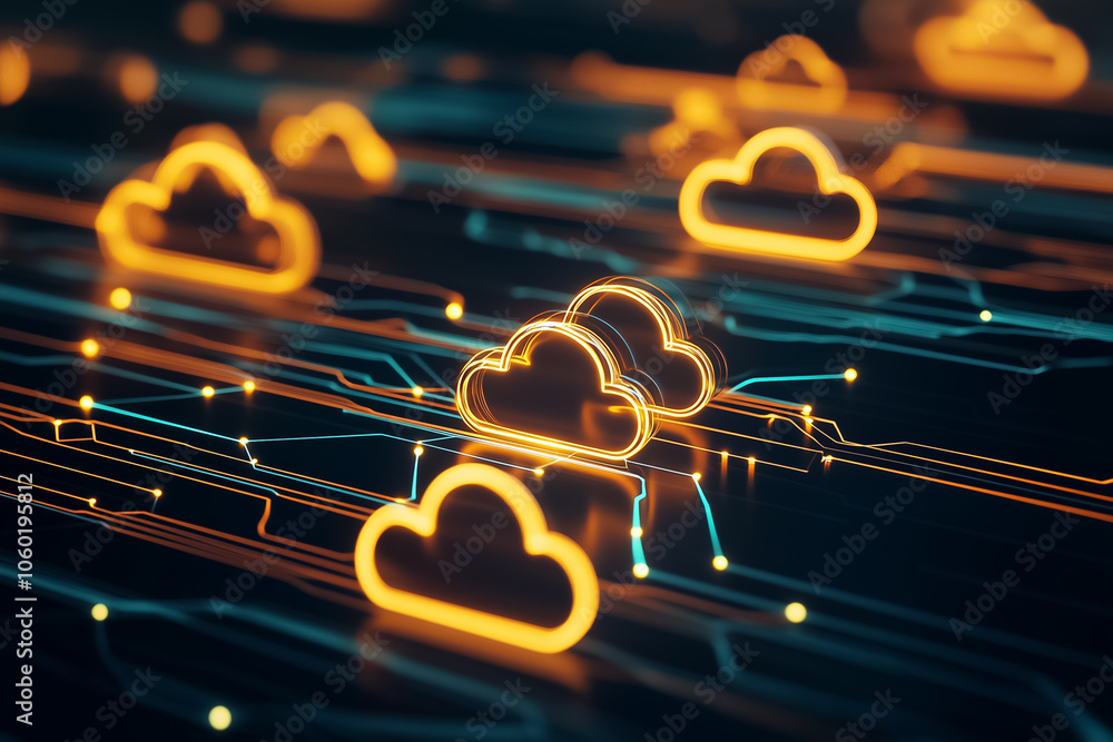 Poster this artwork illustrates a dynamic cloud computing environment with glowing clouds and interconnecte
