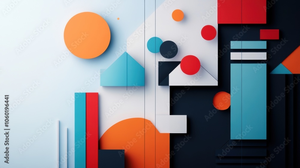 Poster geometric abstract composition with colorful shapes and circles on a light background.
