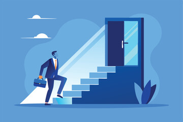 the path to success: reaching the top of the stairway to find the door to achievement vector illustration.