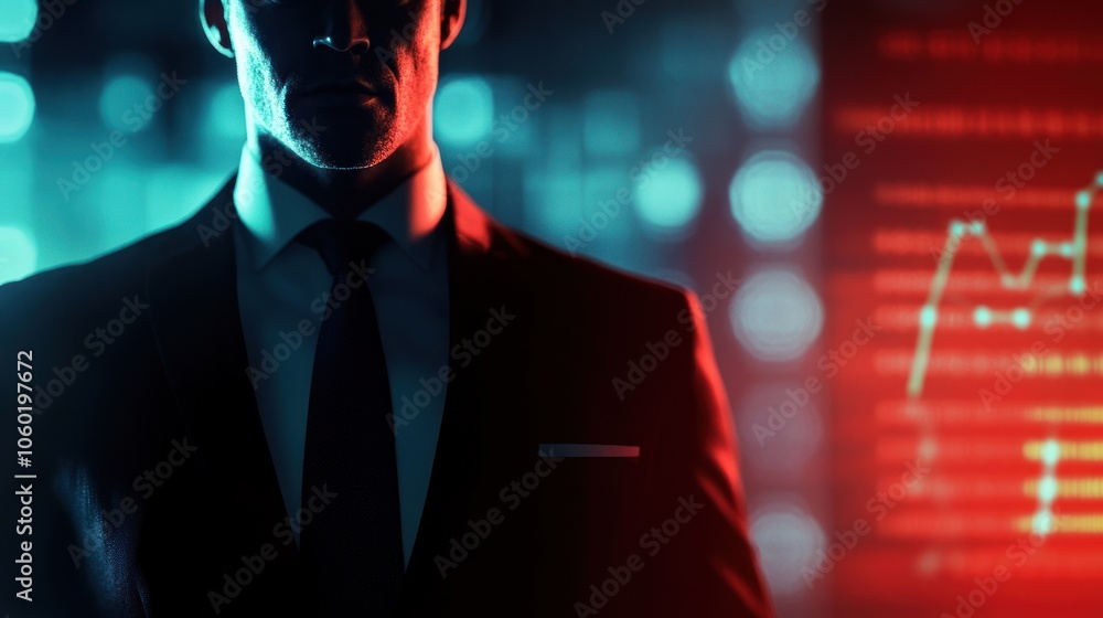 Poster a silhouetted figure in a suit against a backdrop of digital data and graphs.