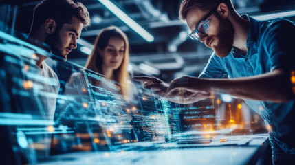 Team of data analysts collaborating on a digital project with advanced charts in a modern office environment at night