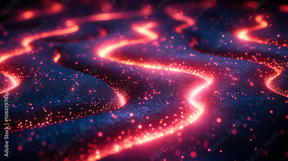 Poster vibrant glowing lines create a mesmerizing pattern on a dark surface, evoking a sense of movement an