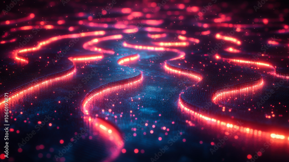Poster vibrant glowing lines create a mesmerizing pattern on a dark surface, evoking a sense of movement an