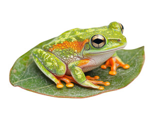 Obraz premium Colorful frog sitting on a green leaf, isolated on a white background.