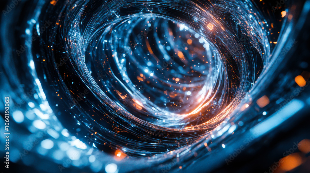 Poster a mesmerizing swirl of blues and oranges depicting a cosmic vortex in deep space illuminated with vi