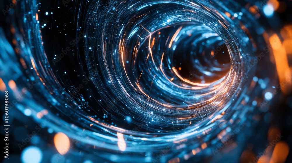 Poster a mesmerizing swirl of blues and oranges depicting a cosmic vortex in deep space illuminated with vi
