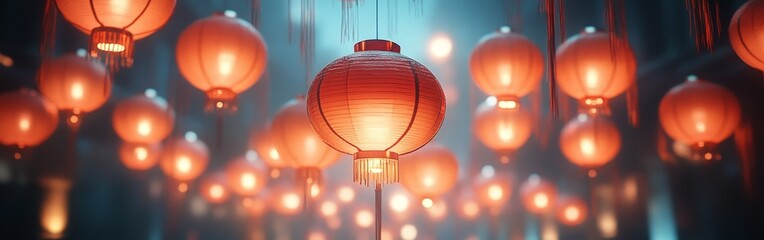 Obraz premium Red lanterns hanging at night for traditional Chinese Lunar New Year celebrations