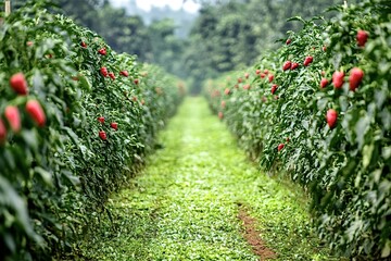 Vibrant red peppers growing in a lush field under the sunny sky, promising a bountiful harvest and showcasing sustainable farming