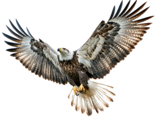 Eagle in flight, showcasing its majestic wings on a white isolated background.