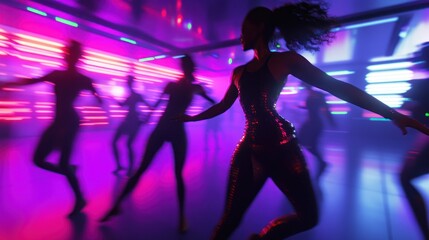 A vibrant dance scene with silhouettes in a neon-lit environment.