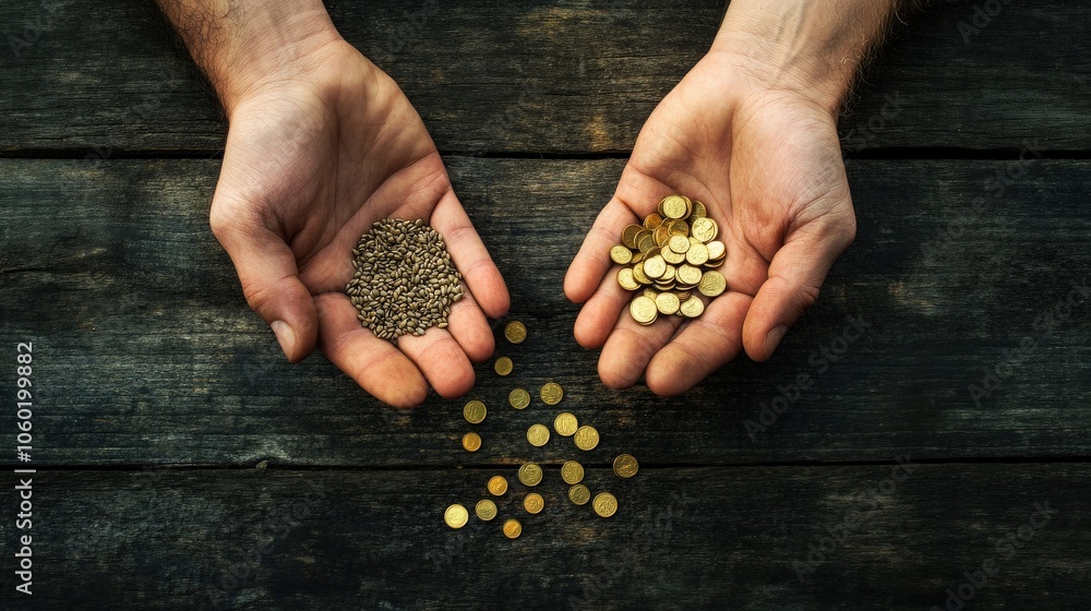Aufkleber balancing seeds and coins exploring the duality of investment and growth in life choices