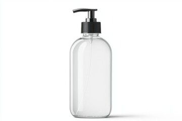 A sleek, transparent pump bottle with a black dispenser, perfect for storing liquids like lotion, soap, or shampoo.