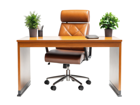 Modern office desk with ergonomic chair and decorative plants on a white background.