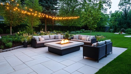 A cozy outdoor patio scene featuring comfortable seating, a fire pit, and string lighting, surrounded by lush greenery.