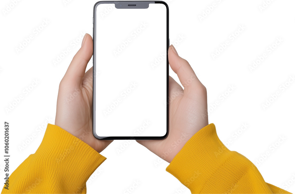 Wall mural mockup hand hold phone isolated on transparent background empty screen with clipping path, two hand 