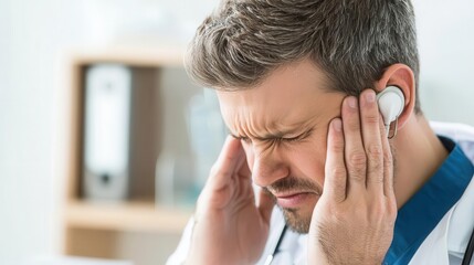 Fototapeta premium Audiologist writing on chart, discussing ear pain and tinnitus, hospital environment