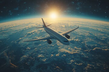 Fototapeta premium Airplane Flying Above Clouds at Sunset