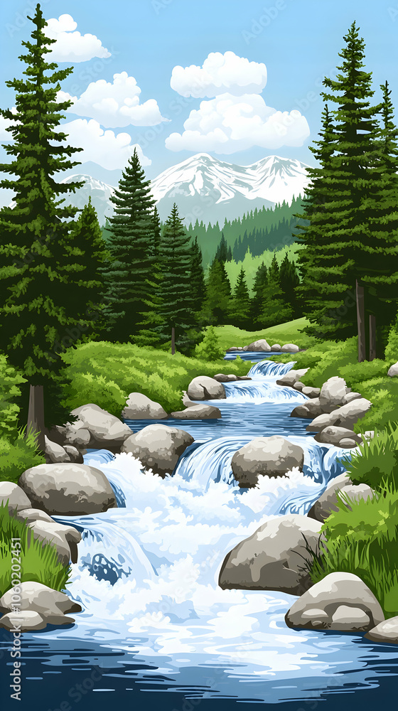 Poster a rushing mountain stream flows through a lush forest with snow-capped mountains in the distance.