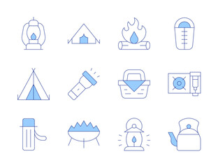 Camping icons. Line Duotone style, editable stroke. thermo, camping tent, kettle, portable, sleeping bag, flashlight, lantern, basket, bonfire, fire