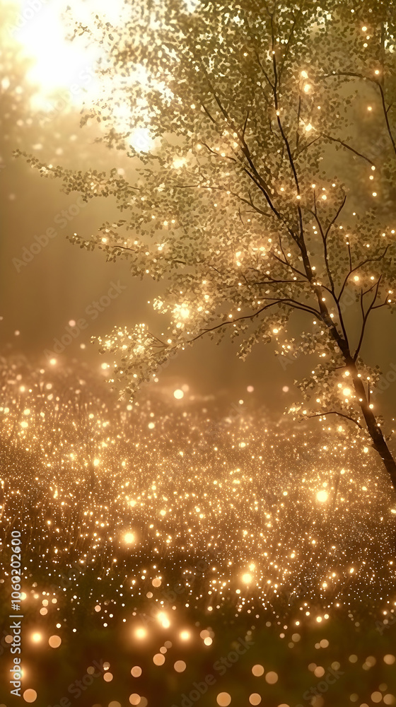 Canvas Prints a single tree stands silhouetted against a backdrop of shimmering golden lights, creating an etherea