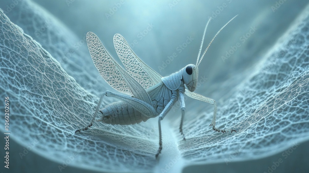 Poster intricate close-up of a grasshopper on delicate leaf