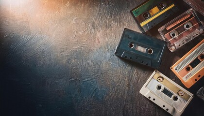 Cassette tapes are lined up on the floor top view banner