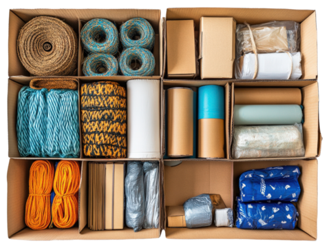 Various colored ropes and packing materials in organized cardboard boxes.