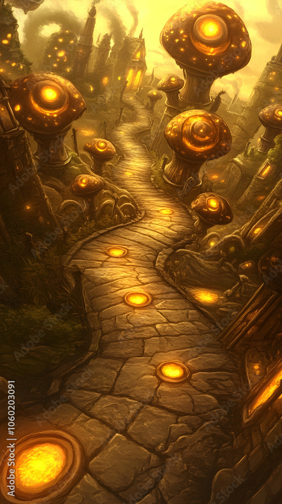 Canvas Prints a winding cobblestone path leads through a mystical forest of glowing mushrooms.