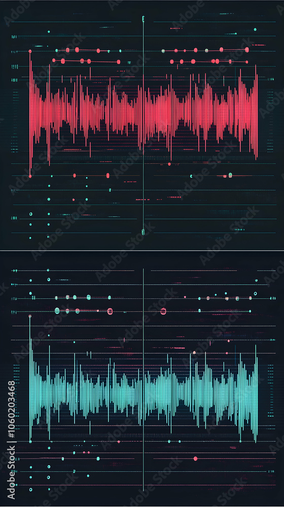 Poster abstract sound wave visualization with two different colors on dark background.