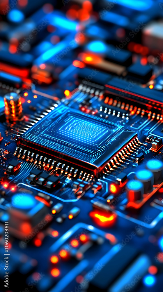Poster close-up of a circuit board with a processor chip glowing blue.