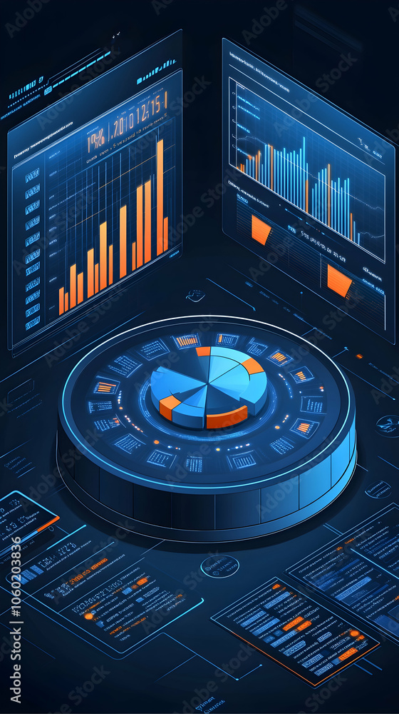 Poster data analysis with pie chart, graphs, and charts on futuristic interface.