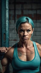Fototapeta premium Tattooed woman with blue hair, focused and resilient in gritty gym setting, representing strength.