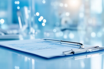 An AI medical clipboard lays on the surface, displaying a patient chart amidst a bustling medical environment
