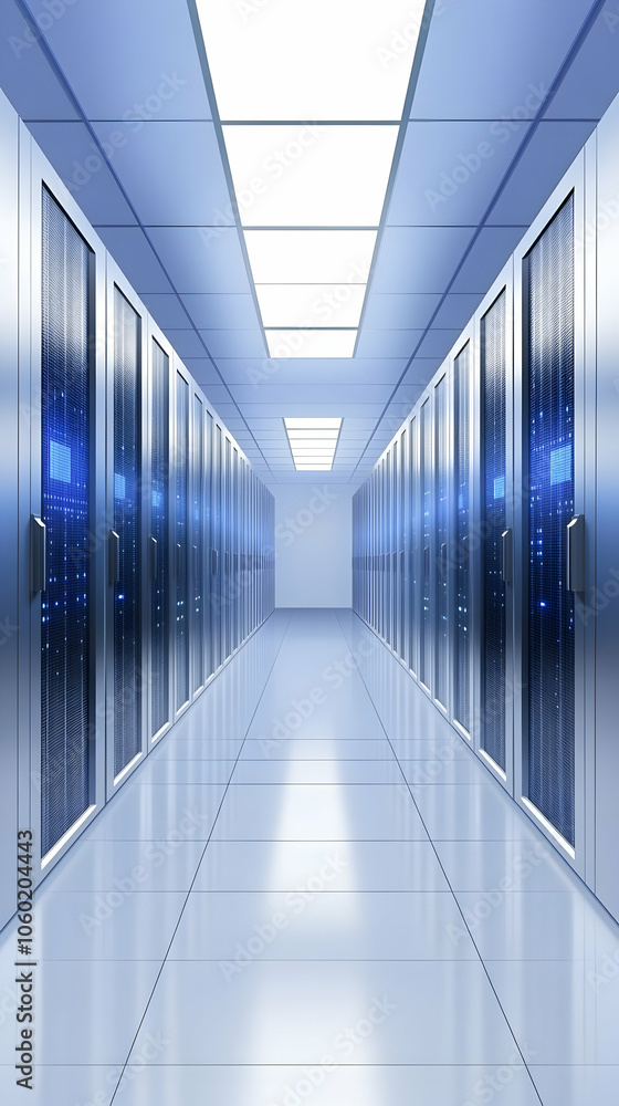 Aufkleber rows of server racks in a data center hallway.