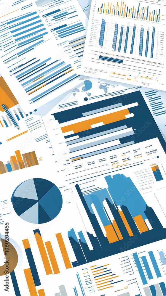 Poster scattered documents with charts and graphs, including pie, bar, and line graphs.